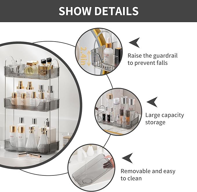 Akinbas 3 Tier Bathroom Organizer Countertop Makeup Perfume Tray Skincare Organizer for Bathroom Dresser Vanity (Grey)