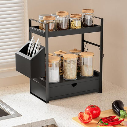 Kottwca 2-Tier Bathroom Counter Organizer with Drawer, Basket & Hooks, Wooden Vanity Shelf for Skincare, Perfume & Makeup Storage(Black)