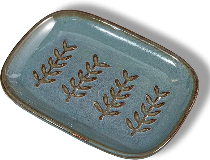 HighHerz Aesthetic Ceramic Soap Dish for Shower, Soap Holder with Raised Relief, Shower Soap Dish for Shampoo Bar Or Sponge, Soap Saver for Bathroom, Kitchen, Sink, Decorative Soap Tray (Blue)