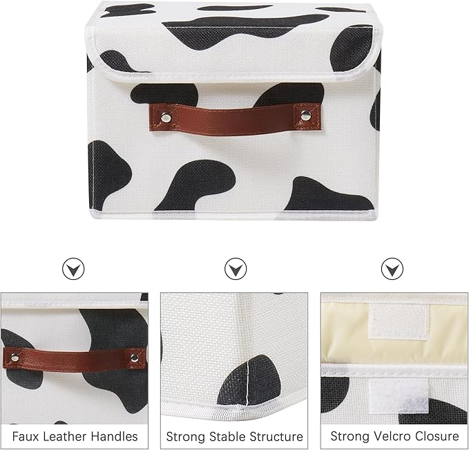 Storage Bin with Lid Cow Print Cute Fabric Storage Basket Box with Faux Leather Handles PP Plastic Board Foldable Washable Lidded Cotton Linen Closet Shelf Organizer Container (Small Size)