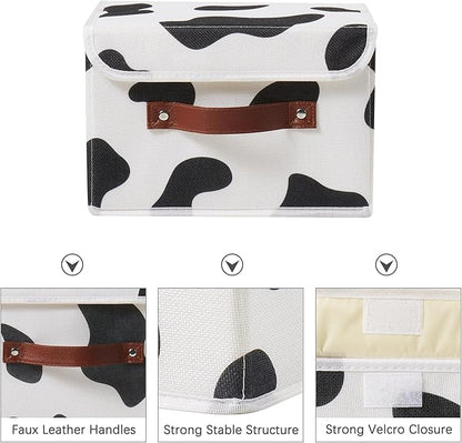 Storage Bin with Lid Cow Print Cute Fabric Storage Basket Box with Faux Leather Handles PP Plastic Board Foldable Washable Lidded Cotton Linen Closet Shelf Organizer Container (Small Size)