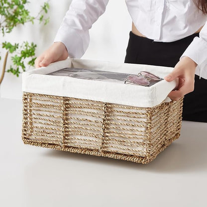 Vagusicc Wicker Storage Basket, 6 Pack Seagrass Baskets for Organizing, Wicker Baskets with Handle, Rectangular Woven Basket for Storage Shelves, Cube Storage Bins for Closet/Clothes/Dresser