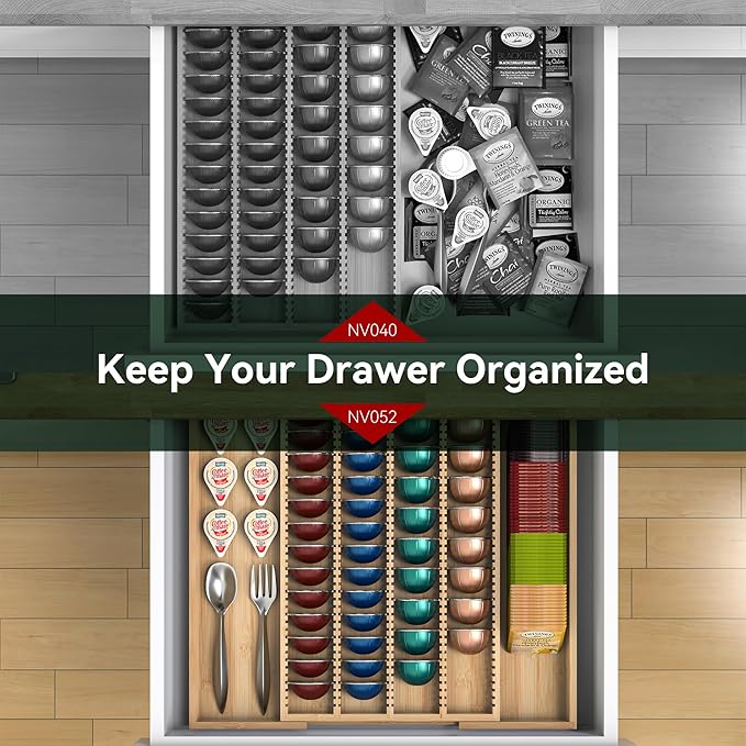 Larger Expandable Bamboo Organizer Holder for Counter Drawer Insert - Compatible with Nespresso Vertuo Capsules - Tea Bags Storage (Natural) 10.8" -19"W x15.67"Dx1.9"H