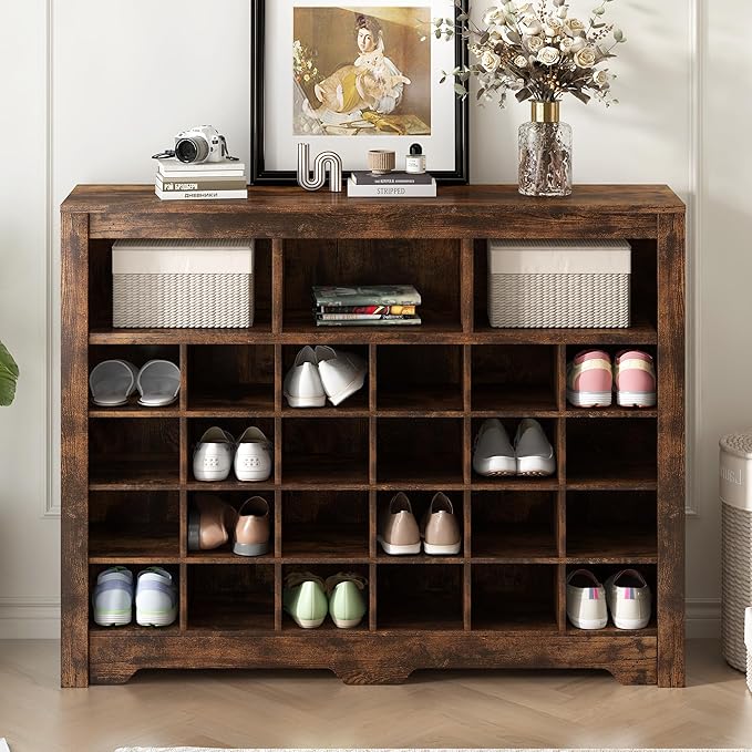 JIVOIT Modern Square Shoe Cabinet with Curved Base, Sleek Design 24 Shoe Cubby Console, Versatile Sideboard for Hallway, Bedroom, Living Room (Rustic Brown,Curved Base)