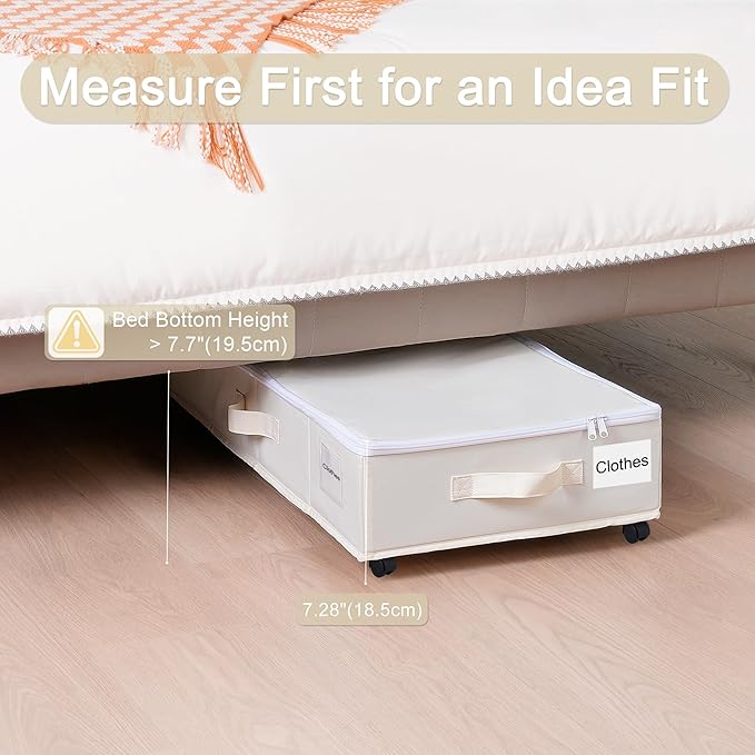 Vincona Under Bed Storage with Wheels, 2 Pack Under Bed Storage Containers with Label Holders for Clothes, Shoes and Blankets, Rolling Underbed Shoe Organizer with Cover, Beige (35.43x15.7x7.28 in)