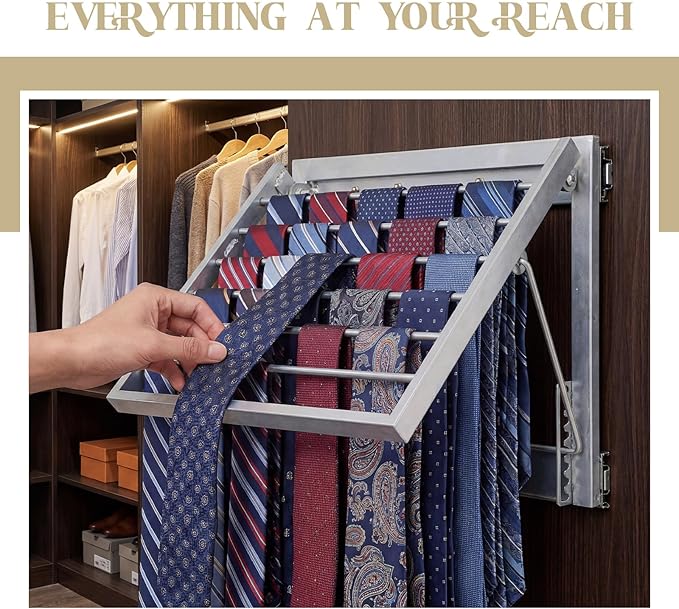 Blulu 13.8'' Sliding Tie Rack for Closet(Left Pull-Out), 60 Tie Pull Out Belt Hanger Wall Mounted Extending Metal Belt Organizer,Sliver