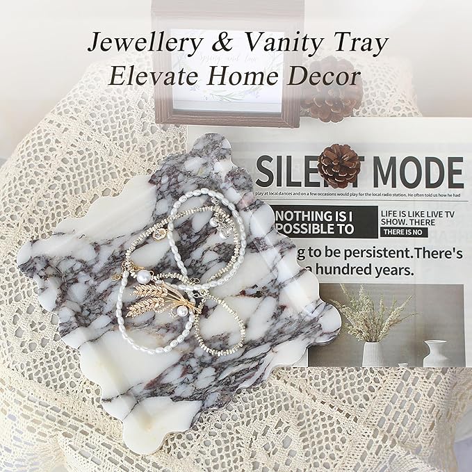 Square Marble Vanity Tray with Scalloped Edge - Natural Marble Perfume Tray Decor for Dresser, Vanity, Kitchen, Home Decor, Decorative Square Stone Tray - Calacatta Viola 8 * 8 inch