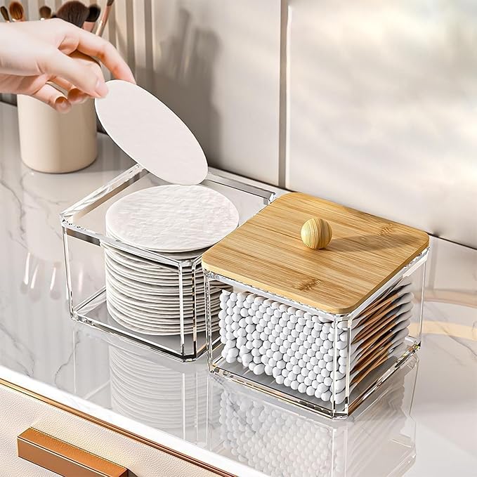 2pcs Acrylic Qtip Holder Dispenser with Lids, Clear Square Bathroom Canisters Plastic Storage Container