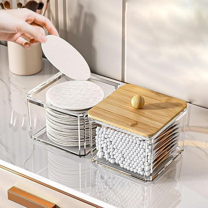 2pcs Acrylic Qtip Holder Dispenser with Lids, Clear Square Bathroom Canisters Plastic Storage Container