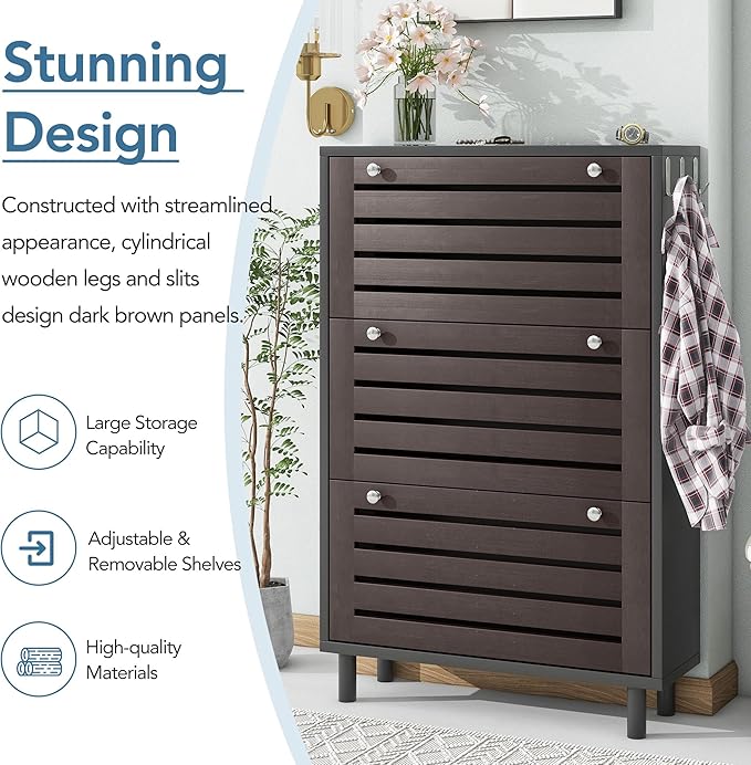 Classic Shoe Cabinet with 3 Flip Doors Free-Standing Wooden Shoe Rack Shoe Storage Organizer for Entryway Hallway Small Space (Black&Dark Brown)