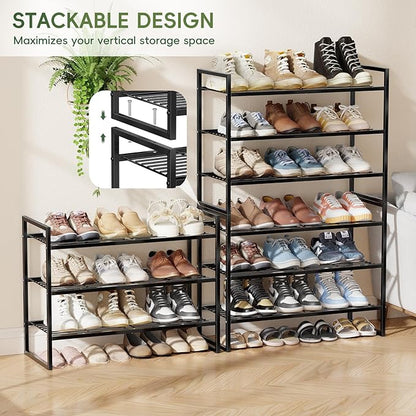 3 Tier Shoe Rack 27" Wide, Metal Frame Shoe Organizer for Front Door Entrance, Stackable Shoes Storage Shelf for Entryway, Closet, Black