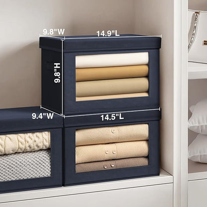 Homsorout Foldable Storage Boxes with Lids - Decorative Storage Boxes with Clear Window, Fabric Storage Baskets for Organizing, Closet Storage for Clothes, Yarn, Home, Navy Blue, 4-Pack