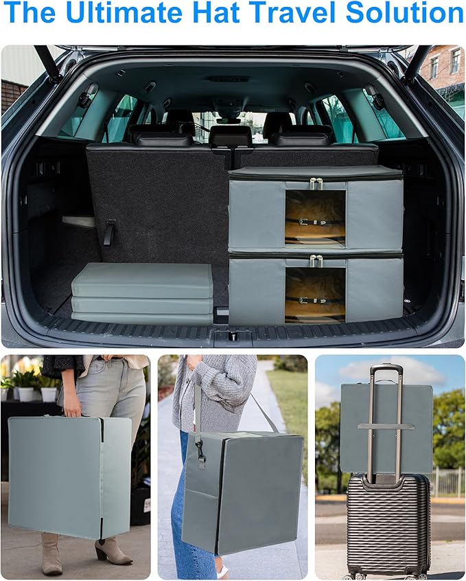Large Cowboy Hat Storage Box with All Around Hardboard Support, Stackable, Crush-Proof, Dust-Proof Hat Carrying Case for Home & Travel, Rigid Hat Carrier Fits Up to 16" Wide Brim Hats, Grey