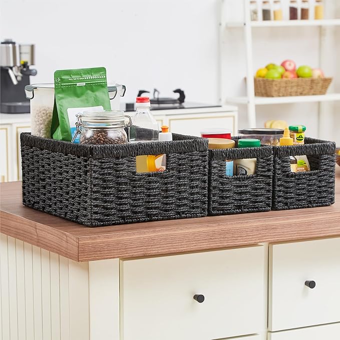 Vagusicc Wicker Storage Basket, Set of 3 Wicker Basket, Hand-Woven Paper Rope Storage Baskets for Organizing, Large Cube Storage Organizer Bins Baskets for Shelves Small Toilet Paper Baskets, Black