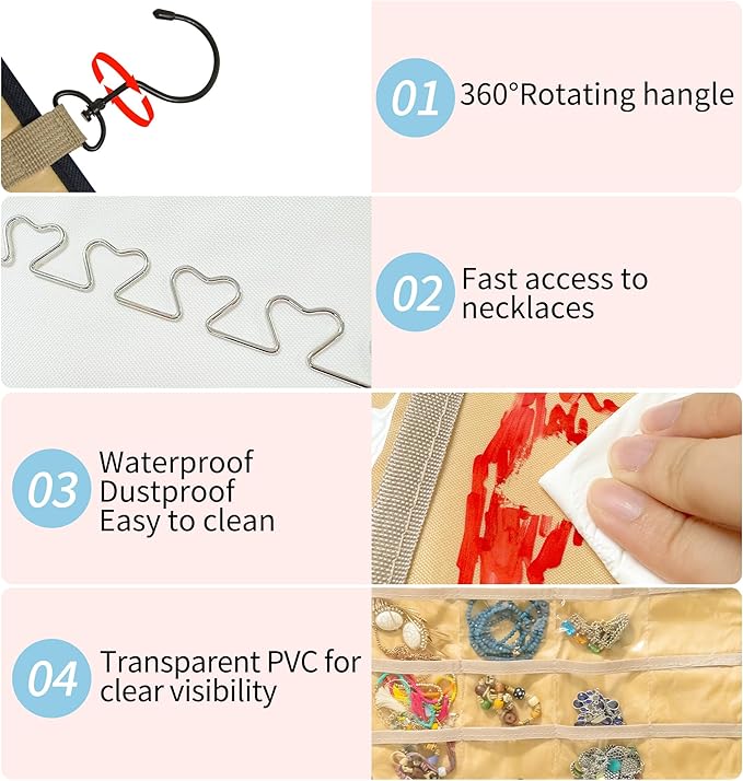 Bloss Hanging Jewelry Organizer-48 Pockets Dual-Sided Hanging Jewelry Organizers and Storage for Necklaces, Earrings Holder on Closet, Wall, Door, Birthday Gifts for Women,Blcak