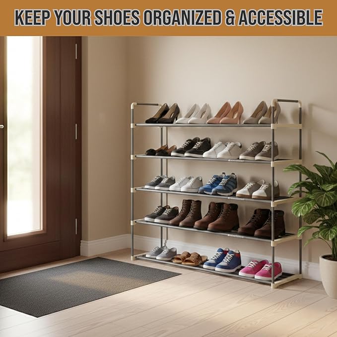 Home-Complete Shoe Storage Rack, 5-Tier Shoe Organizer for Closet Bathroom Entryway, Shoe Shelf Holds