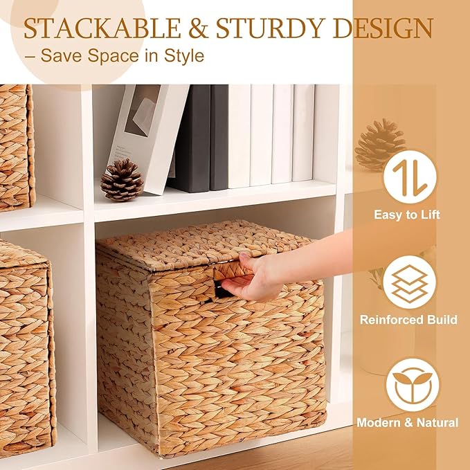 Jinei 6 Pcs Wicker Storage Basket with Lid Bulk 12 x 12 x 12 Inch Handwoven Water Hyacinth Cube Bin with Handles Woven Laundry for Organizer Shelves Wood Color