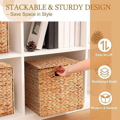 Jinei 6 Pcs Wicker Storage Basket with Lid Bulk 12 x 12 x 12 Inch Handwoven Water Hyacinth Cube Bin with Handles Woven Laundry for Organizer Shelves Wood Color