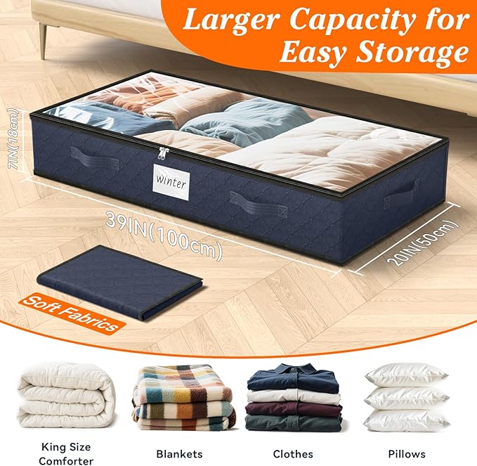 SpaceWhisper 90L Under Bed Storage Containers, 8-Pack Storage Bins with Clear Top, Foldable Closet Organizers and Storage with Label Holder for Clothing, Blankets, Comforter & Pillows(Blue)