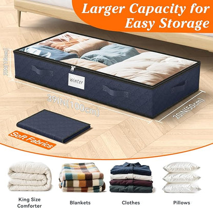 SpaceWhisper 90L Under Bed Storage Containers, 8-Pack Storage Bins with Clear Top, Foldable Closet Organizers and Storage with Label Holder for Clothing, Blankets, Comforter & Pillows(Blue)