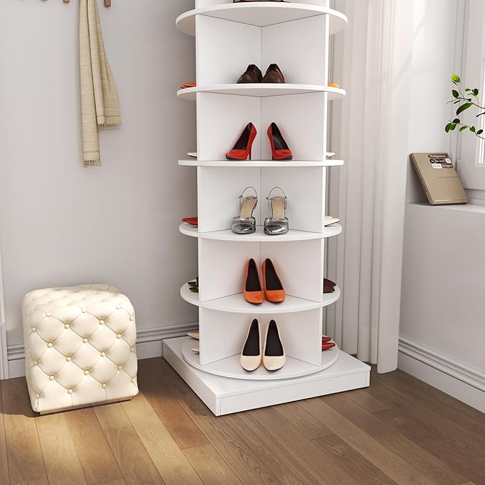 Rotating Shoe Rack Tower, 6-Tier Spinning Shoe Rack, Free Standing 360° Revolving Shoe Organizer Rotating Vertical Shoe Rack Can Hold 24 Pairs of Shoes for Entryway Living Room Hallway
