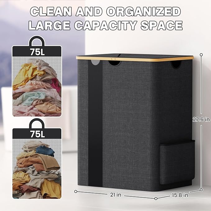 BlissTotes Laundry Basket with Lid, 150L Clothes Laundry Hamper with Handles and 2 Removable Laundry Bag, Breathable Design Hamper with Lid for Bedroom, Bathroom, Dorm, Laundry Room - Dark Grey
