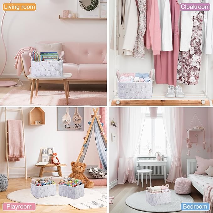 2 Pcs Rabbit Storage Baskets 14x10 Inch Cute Bunny Gift Basket Spring Laundry Foldable Fluffy Plush Storage Bin with Handle Decorative Closet Organizer for Home Office Car Countertop Tabletop
