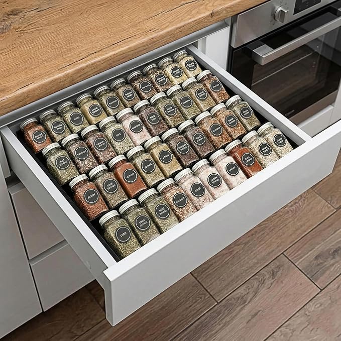 GOENDR Metal Spice Drawer Organizer, 4-Tier Spice Rack for Drawer, Expandable Seasoning Organizer Fits 11.4-22.8” Wide Drawer, Holds up to 48 Spice Jars (Not Included), Black