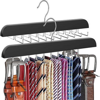 RESOVO Upgraded Tie Rack Hanger with 20 Foldable Metal Hooks, Space Saving Necktie Organizer for Men – Large Capacity Tie and Belt Wooden Hanger for Closet - Black 2 Pack
