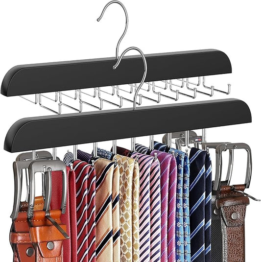RESOVO Upgraded Tie Rack Hanger with 20 Foldable Metal Hooks, Space Saving Necktie Organizer for Men – Large Capacity Tie and Belt Wooden Hanger for Closet - Black 2 Pack