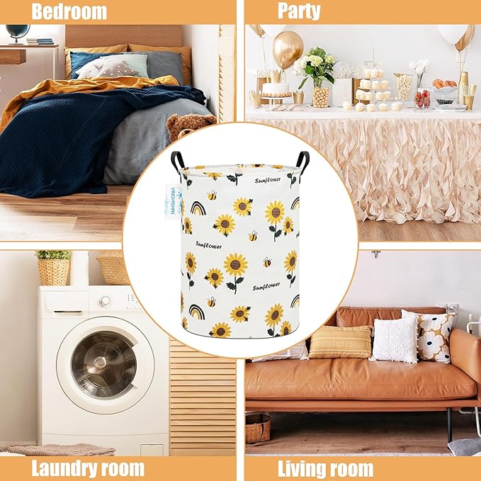 Storage Bin, Canvas Fabric Collapsible Organizer Basket for Laundry Hamper,Toy Bins,Gift Baskets, Bedroom, Clothes,Baby Nursery (Sunflower)