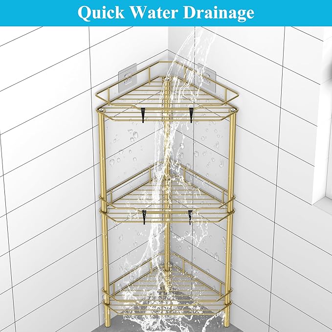 HuggieGems 3 Tier Floor Standing Corner Shower Caddy Organizer Shelf with Hooks, Bathroom Shelves Stand Rack, Gold