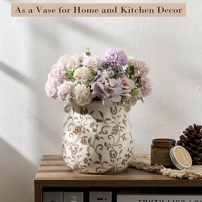 Utensil Holder for Kitchen Counter, Modern Farmhouse Rustic Cooking Utensil Holder and Crock, Exquisite Chinoiserie Floral Ceramic Utensil Organizer for Home Kitchen Decor- Brown Flower Patterns