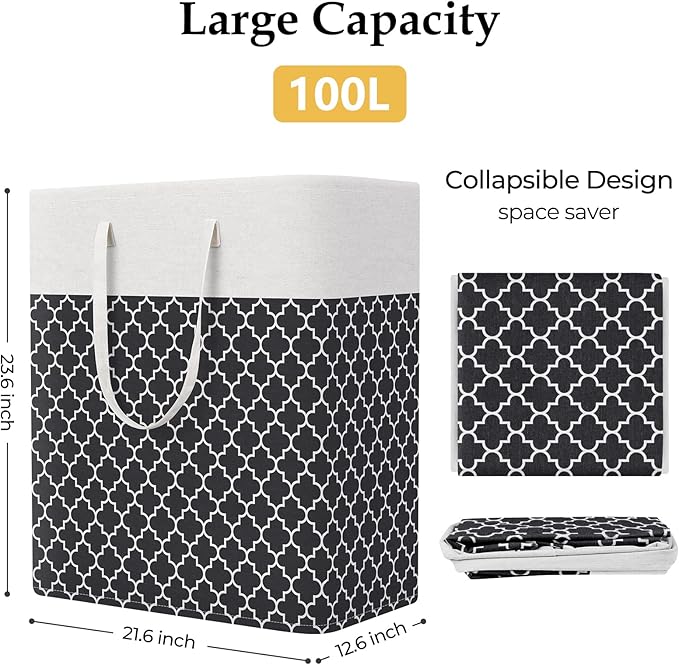 StorageRight Laundry Basket Hamper Large Collapsible Laundry Hamper with Easy Carry Handles，Freestanding Clothes Hampers for Laundry, Bedroom, Dorm, Clothes, Towels, 100L, Clover Black