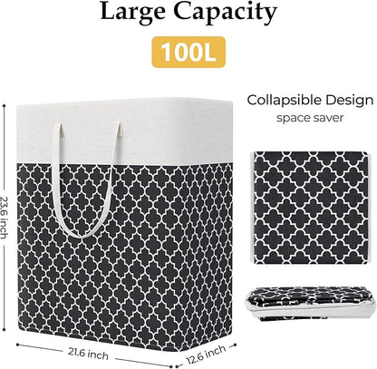 StorageRight Laundry Basket Hamper Large Collapsible Laundry Hamper with Easy Carry Handles，Freestanding Clothes Hampers for Laundry, Bedroom, Dorm, Clothes, Towels, 100L, Clover Black