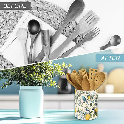 JarThenaAMCS Vintage Hummingbird Lemon Ceramic Utensil Holder Yellow Lemon Blue Bird Utensil Crock for Farmhouse Home Kitchen Countertop Storage Organizer Container