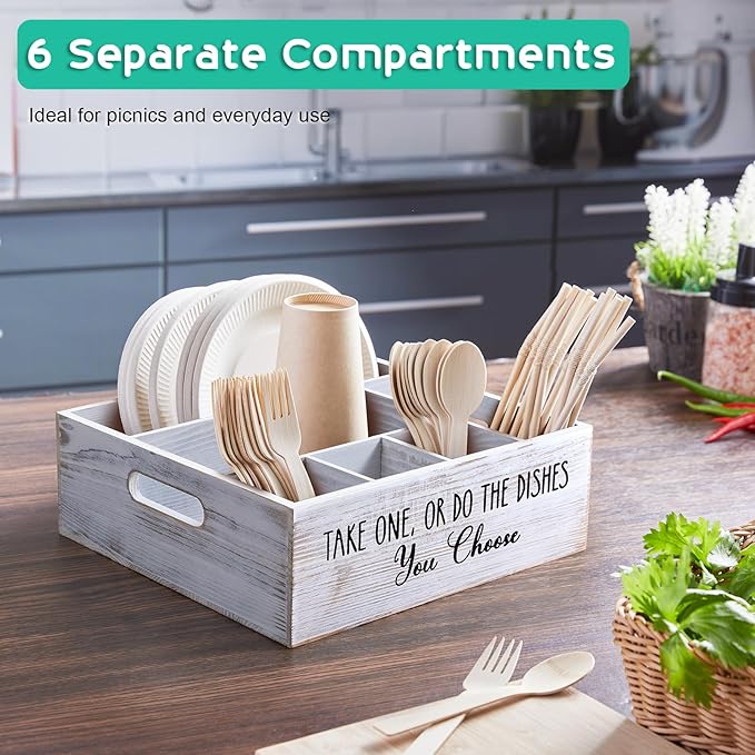 ALELION Rustic White Plate and Utensil Caddy, 6-Compartment Paper Plate and Cutlery Holder with Handles, Kitchen and Party Organizer for BBQs, Picnics, and Gatherings