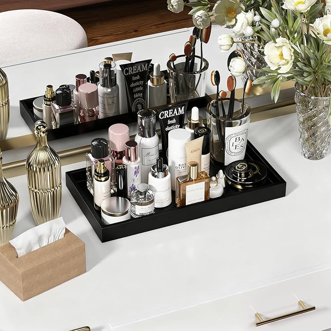 ZHWS Black Bathroom Vanity Tray for Countertop Perfume Makeup Jewelry Candle Decor, Kitchen Tray for Soap Dispenser Spice Salt, Large Black Tray for Toilet Tank Paper, Serving Nightstand 13”x6.5”