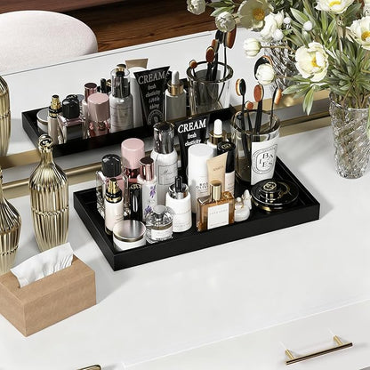 ZHWS Black Bathroom Vanity Tray for Countertop Perfume Makeup Jewelry Candle Decor, Kitchen Tray for Soap Dispenser Spice Salt, Large Black Tray for Toilet Tank Paper, Serving Nightstand 13”x6.5”