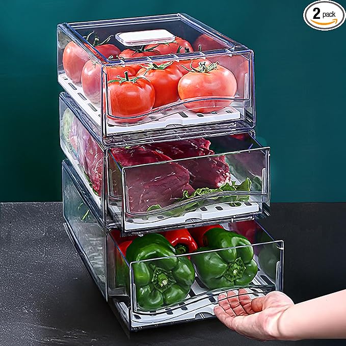 2 Pack Large Capacity Refrigerator Organizer and Storage, Fruit Storage Containers,Stackable Fridge Storage Containers for Drinks, Meat,Vegetable,Produce,Kitchen, Barbecue Shop, Restaurant, BPA-Free