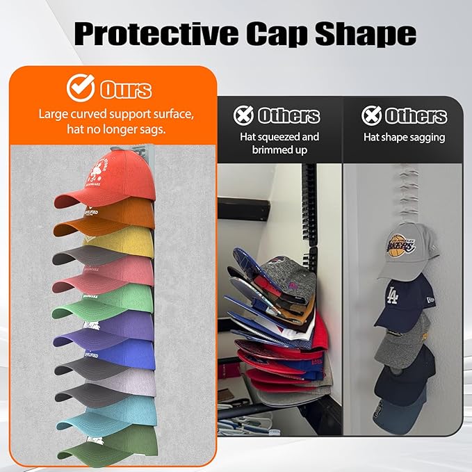 Hat Organizer for Baseball Caps, 2 Pack Hat Rack for Wall, Strong Adhesive Hat Storage Display Holder(Gray)