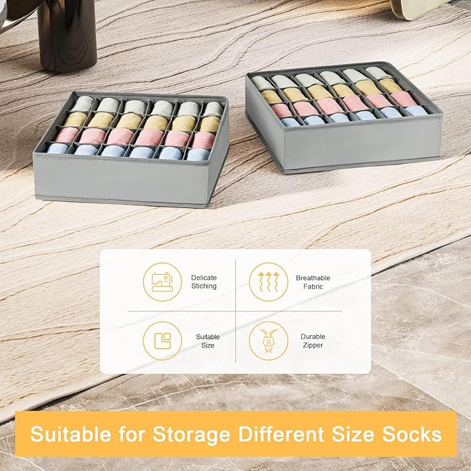 Joyoldelf Sock Drawer Organizer Divider 2 Packs Underwear Organizer, 24 Cell Closet Organizers and Storage Organizer Sock Holders Organizers for Storing Socks, Handkerchiefs, Ties, Belts (Grey)
