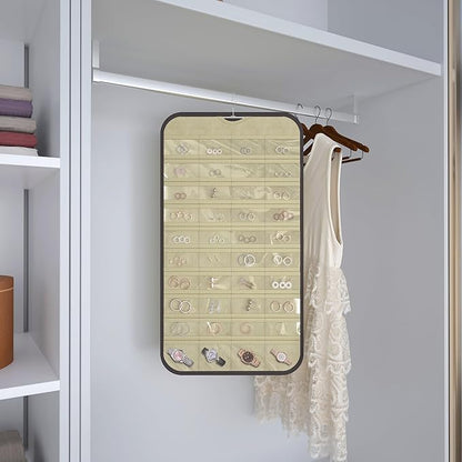 Hanging Jewelry Organizer Storage, 40 Pockets 36 Hooks Necklace Earring Bracelet Ring Organizer, Double - Sided Design, Black and Beige