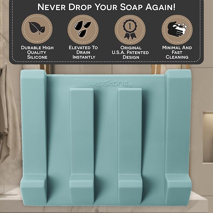 Silicone Soap Dish (USA Patented) Self Draining Bar Soap Holder for Shower Bathroom Sink, Drying Soap Dish Tray Sponge Holder Easy Cleaning Soap Saver Mat Travel Accessories (Teal, 1)