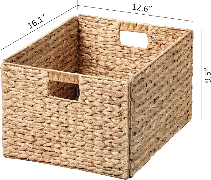 eHemco Extra Large Woven Hyacinth Wicker Storage Baskets with Iron Wire Frame, 16.1"x12.6"x9.5", Natural, Set of 6