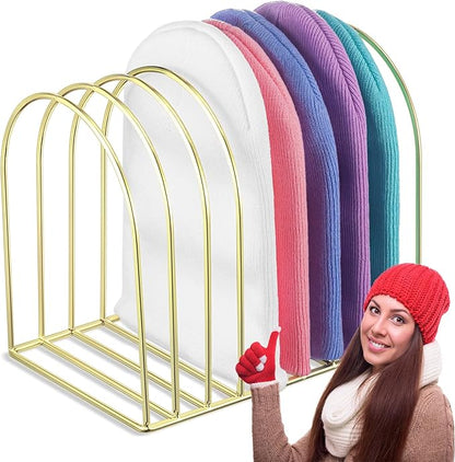 Hicarer Beanie Holder Organizer Metal Beanie Hat Display Stand Knitted Hat Storage Rack for Swimming Cap Display Vendors Home Entryway Tabletop Bedroom Closet Dresser Room Office(Gold)