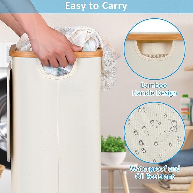 efluky Slim Laundry Hamper with Wheels, Narrow Laundry Basket with Lid and Removable Bag, Aesthetic Dirty Clothes Hamper on Wheels for Laundry Room, Bedroom, Dorm and Bathroom, 75L Beige