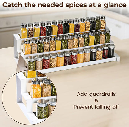 3-Tier Spice Rack Organizer for Kitchen Cabinet or Pantry, 16"-29" Expandable Spice Organization Shelf, Seasoning Organizer, Metal Display Shelf, Slip-Resistant Design for Jars and Bottles, White