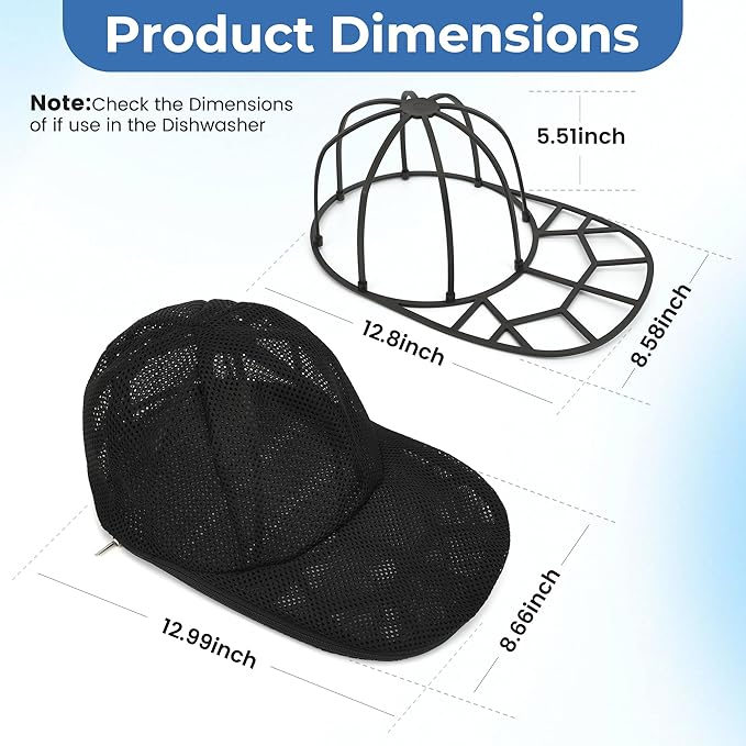 Hat Washer Cage for Baseball Caps, Hat Cleaner for Washing Machine & Dishwasher, Fits Adult & Kids Hats Baseball Cap Washing Cage, Cap Cleaner with Frame Cage and Mesh (2Pack Black)