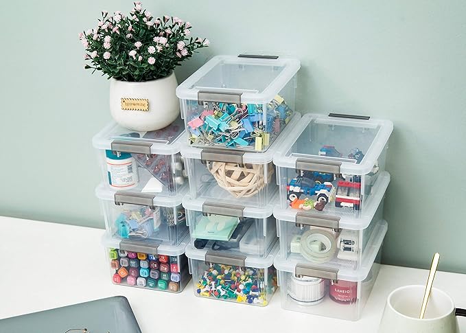 Citylife 1.3 QT 6 Pack Small Storage Bins Plastic Storage Container Stackable Box with Lids for Organizing, Clear White